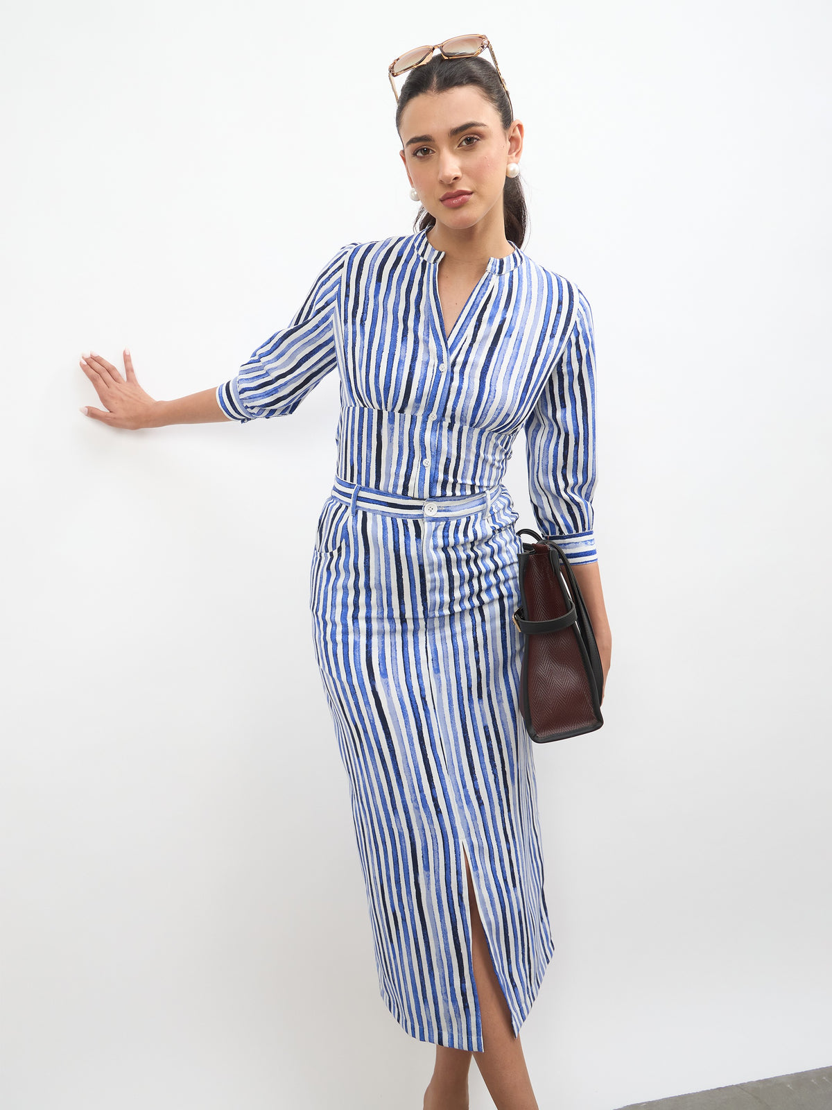 Blue Linen Striped Front Slit A-Line Midi Skirt-SASSAFRAS worklyf
