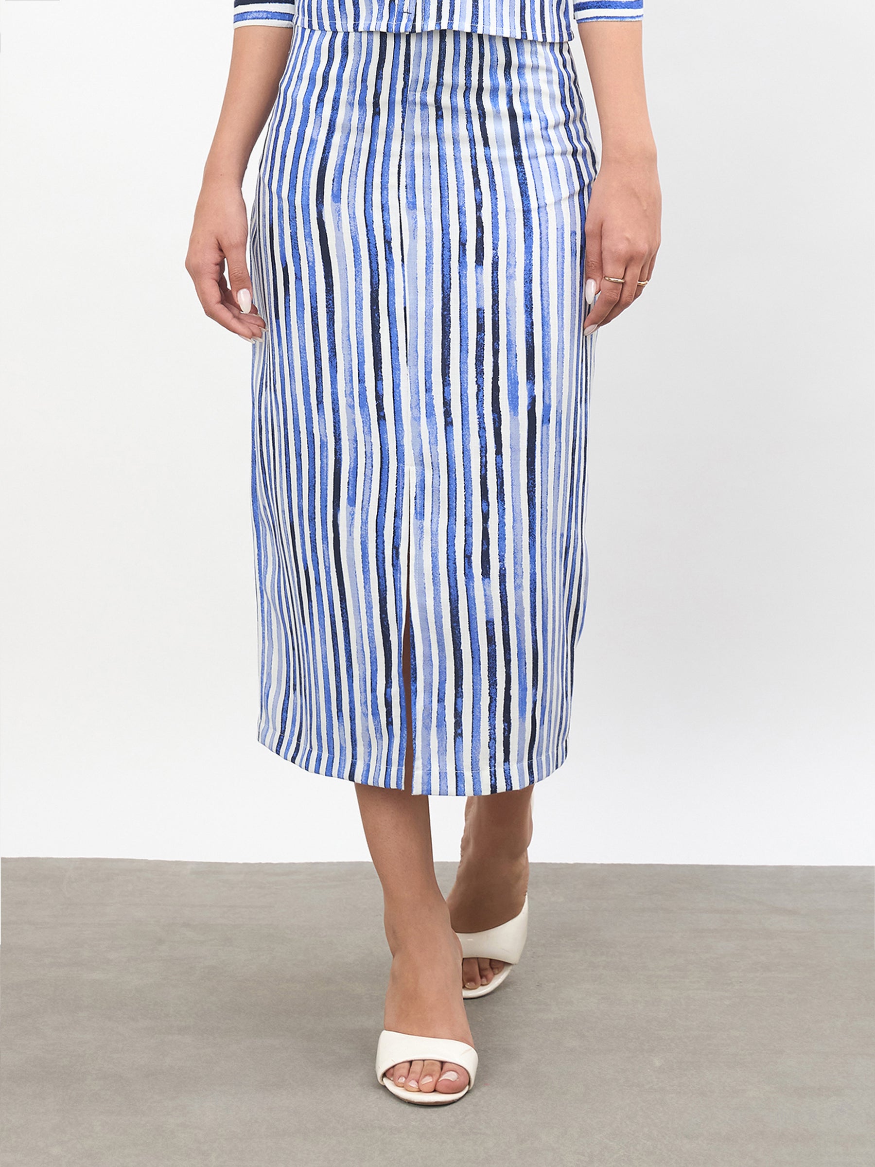 Blue Linen Striped Front Slit A-Line Midi Skirt-SASSAFRAS worklyf