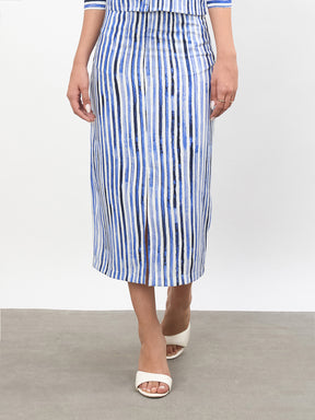 Blue Linen Striped Front Slit A-Line Midi Skirt-SASSAFRAS worklyf