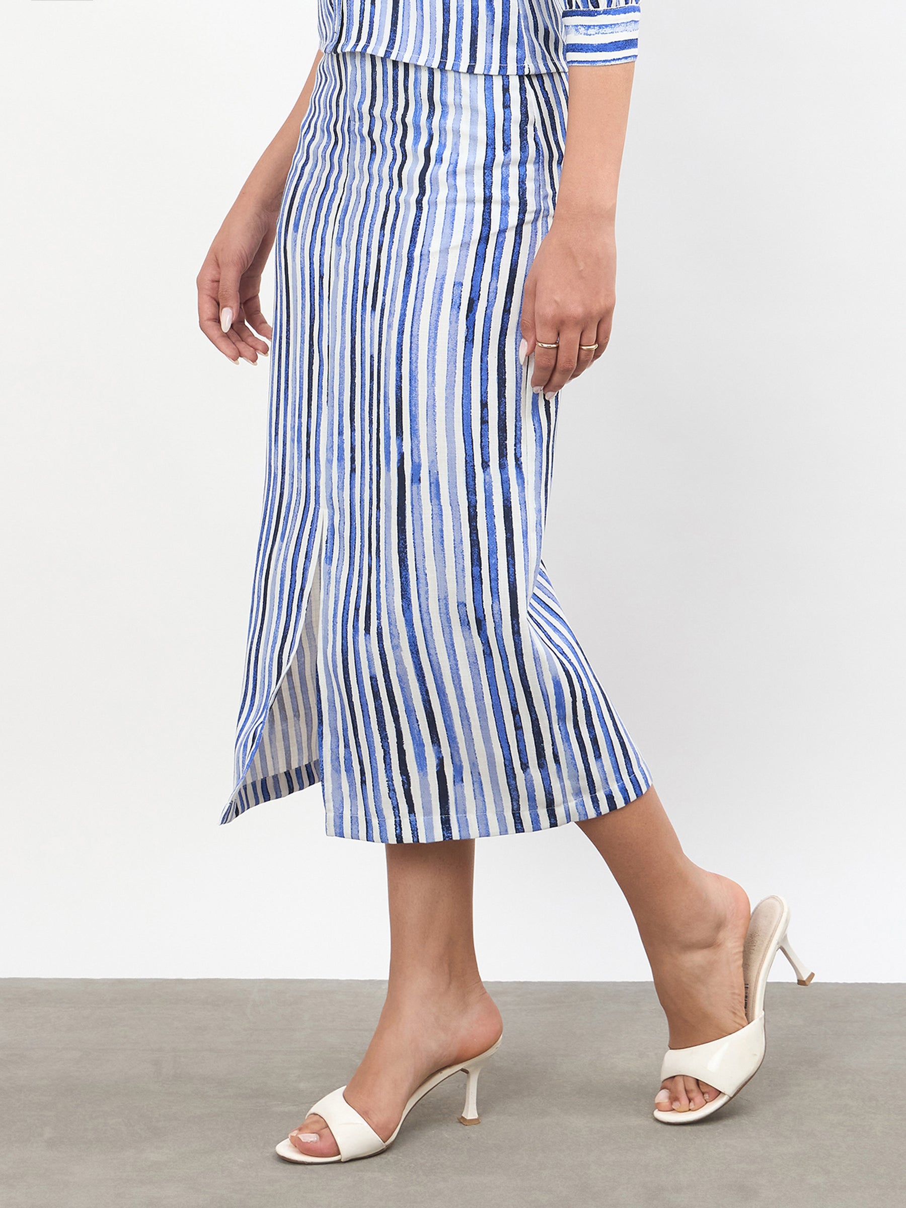 Blue Linen Striped Front Slit A-Line Midi Skirt-SASSAFRAS worklyf
