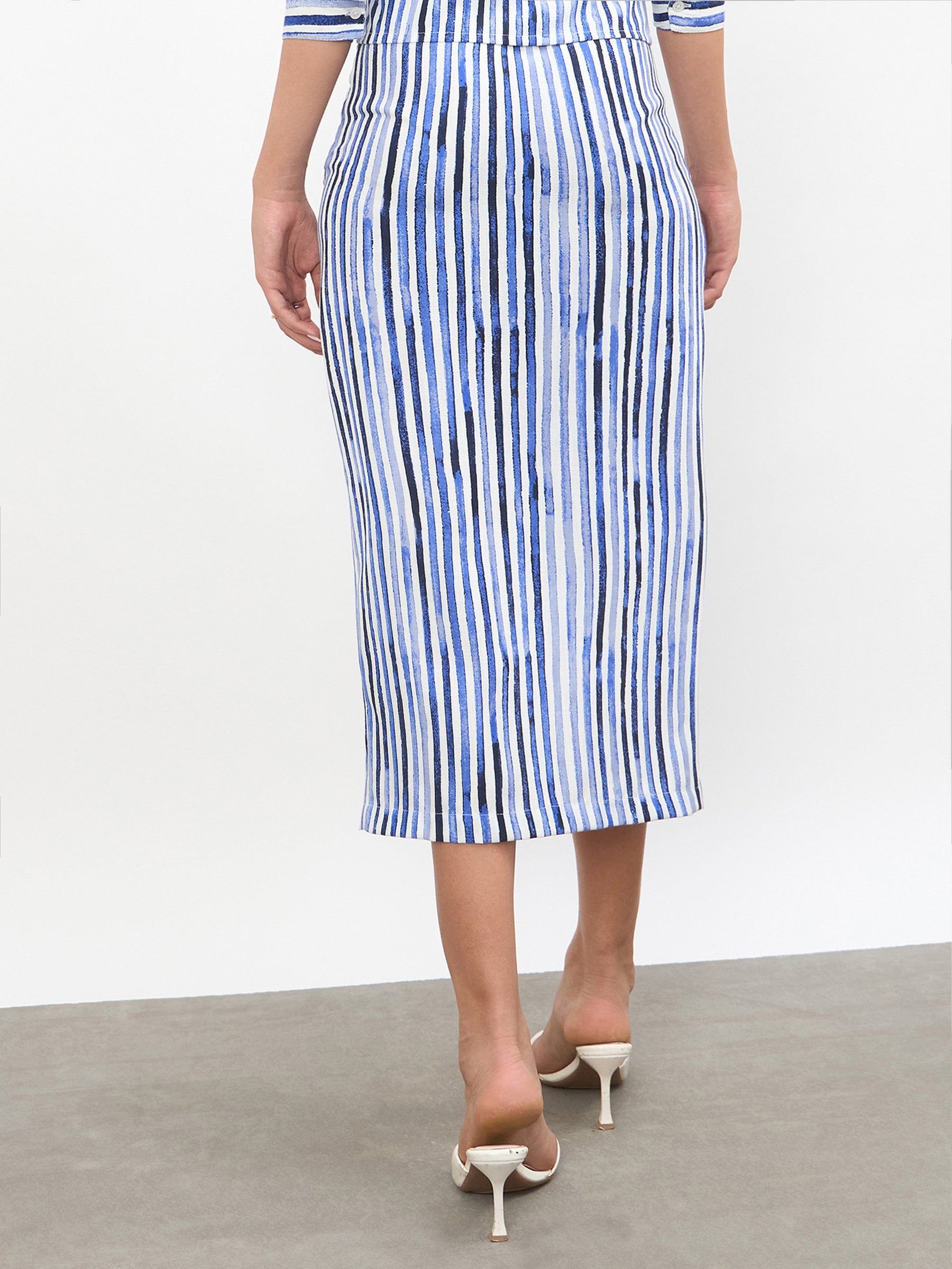 Women Blue Linen Striped Front Slit A-Line Midi Skirt