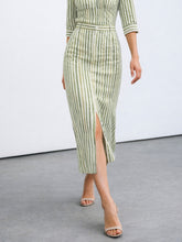 Green Linen Striped Front Slit A-Line Midi Skirt-SASSAFRAS worklyf