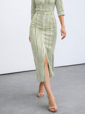 Green Linen Striped Front Slit A-Line Midi Skirt-SASSAFRAS worklyf