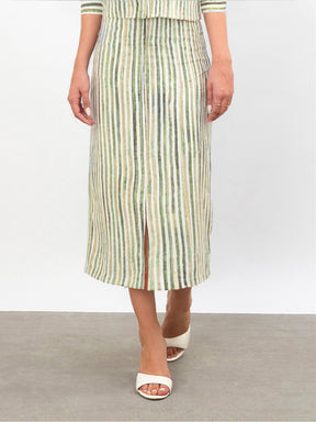 Green Linen Striped Front Slit A-Line Midi Skirt-SASSAFRAS worklyf