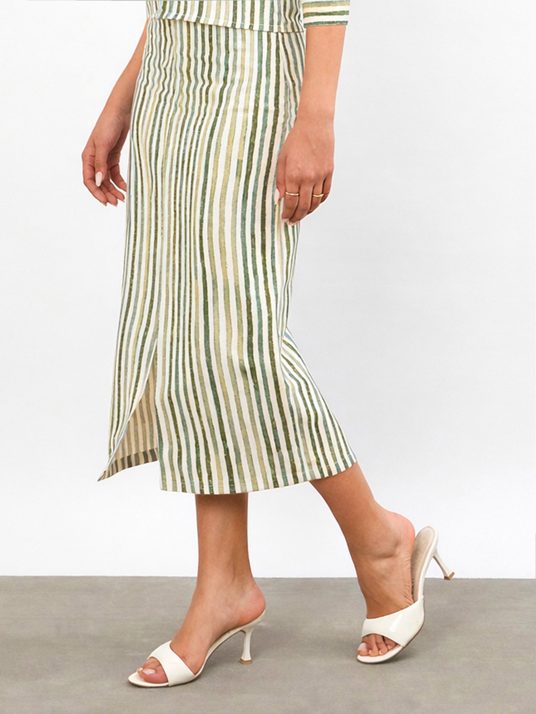 Green Linen Striped Front Slit A-Line Midi Skirt-SASSAFRAS worklyf