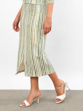 Green Linen Striped Front Slit A-Line Midi Skirt-SASSAFRAS worklyf