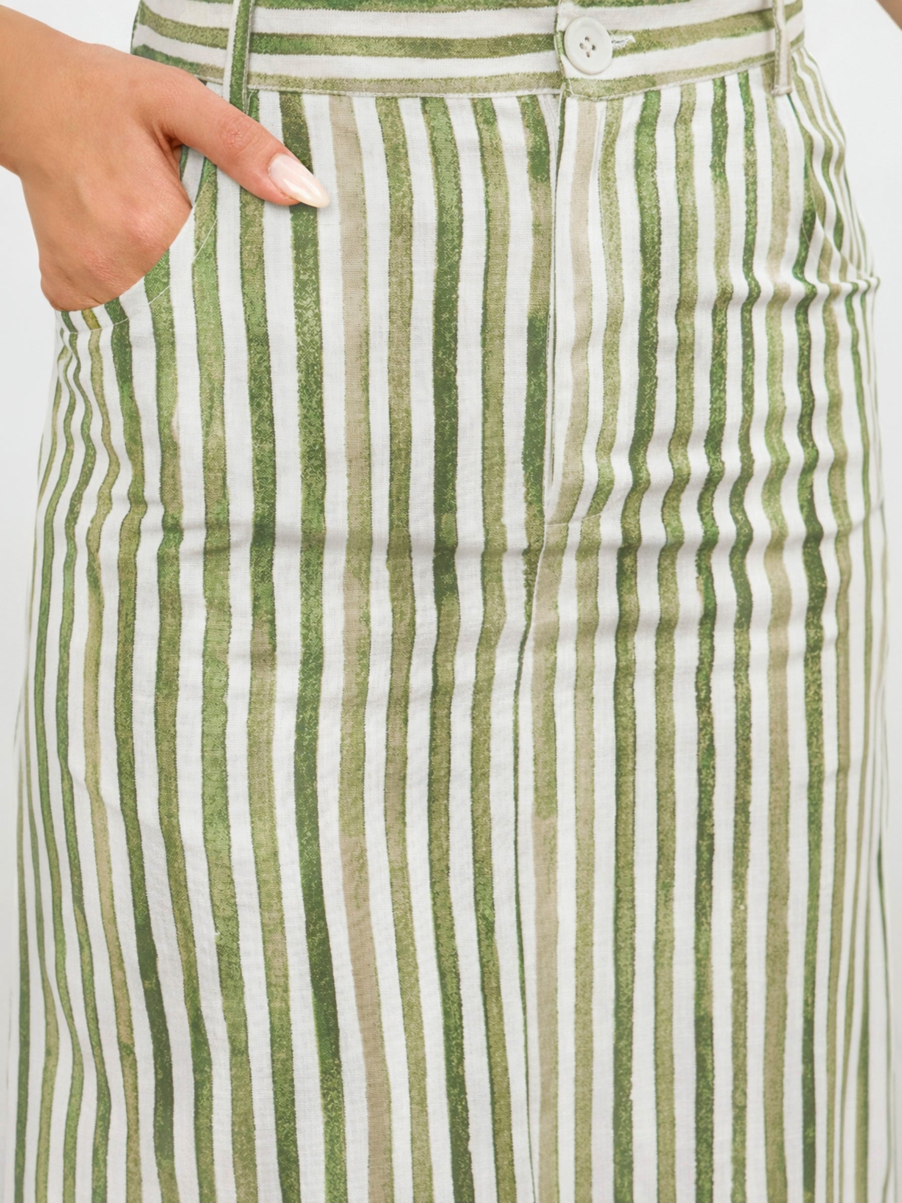 Green Linen Striped Front Slit A-Line Midi Skirt-SASSAFRAS worklyf
