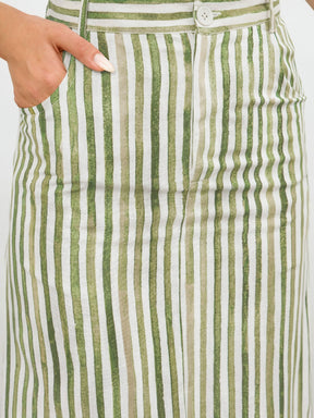 Green Linen Striped Front Slit A-Line Midi Skirt-SASSAFRAS worklyf