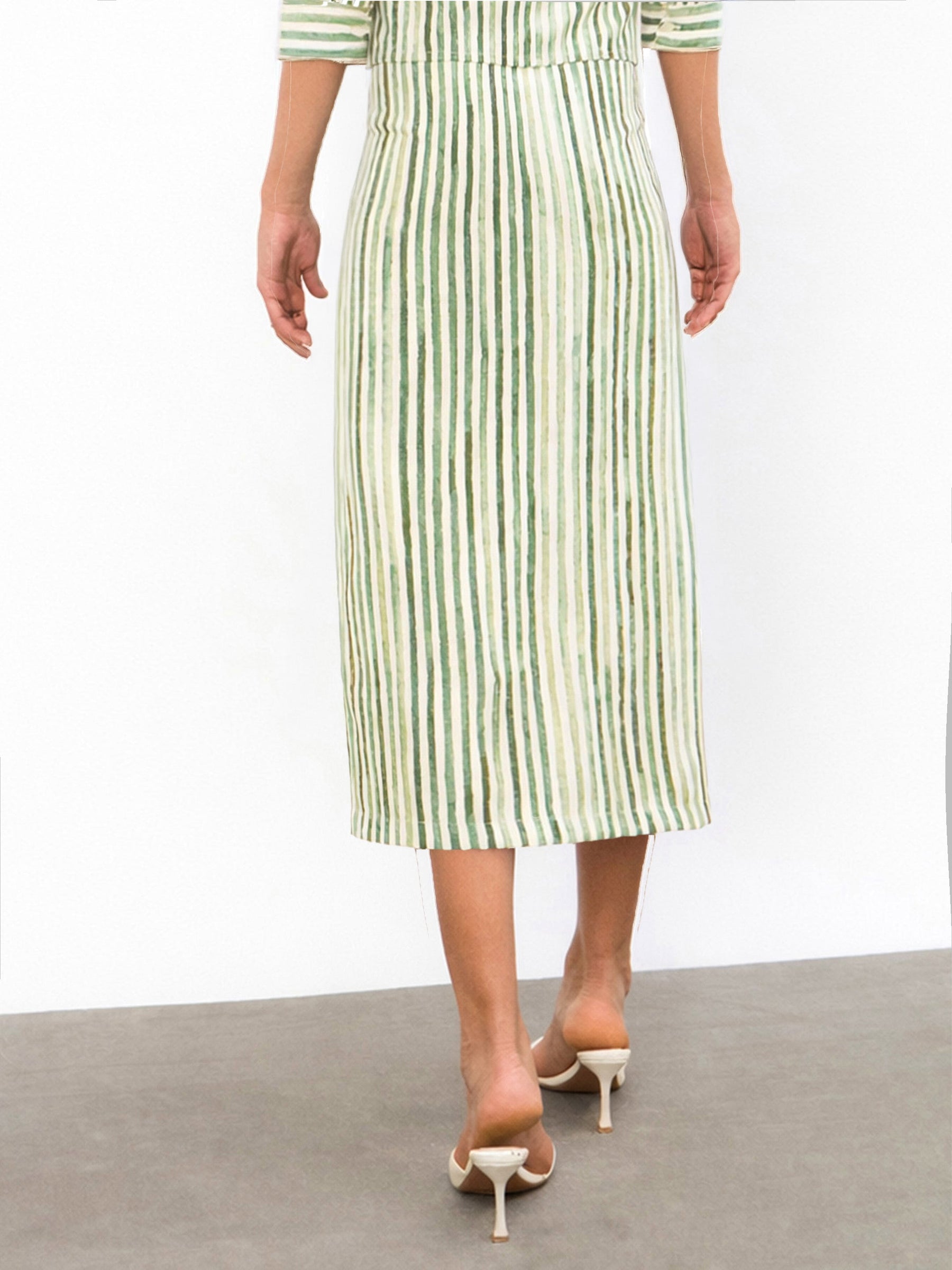 Women Green Linen Striped Front Slit A-Line Midi Skirt