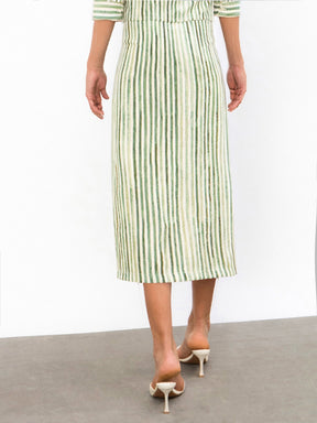 Women Green Linen Striped Front Slit A-Line Midi Skirt