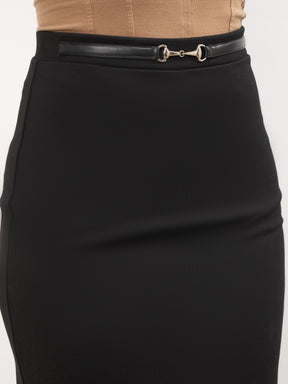 Black Front Metal Trim Back Slit Pencil Skirt -SASSAFRAS worklyf