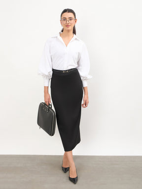 Black Front Metal Trim Back Slit Pencil Skirt -SASSAFRAS worklyf
