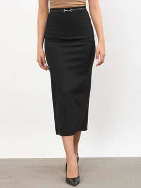 Women Black Front Metal Trim Back Slit Pencil Skirt