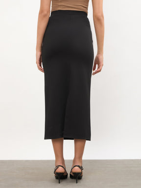 Women Black Front Metal Trim Back Slit Pencil Skirt