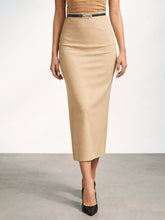 Brown Front Metal Trim Back Slit Pencil Skirt -SASSAFRAS worklyf