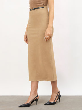 Brown Front Metal Trim Back Slit Pencil Skirt -SASSAFRAS worklyf