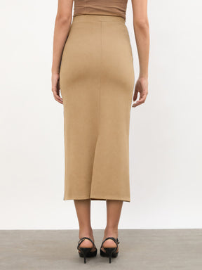 Brown Front Metal Trim Back Slit Pencil Skirt -SASSAFRAS worklyf