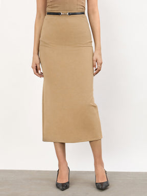 Women Brown Front Metal Trim Back Slit Pencil Skirt