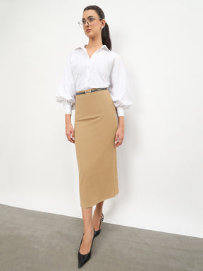 Women Brown Front Metal Trim Back Slit Pencil Skirt