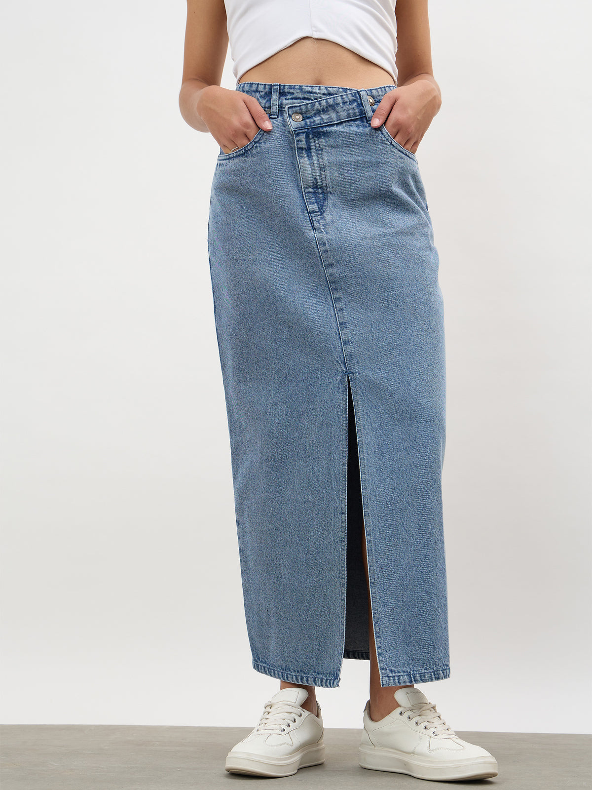 Blue Blast Asymmetrical Waist Front Slit Maxi Skirt-SASSAFRAS