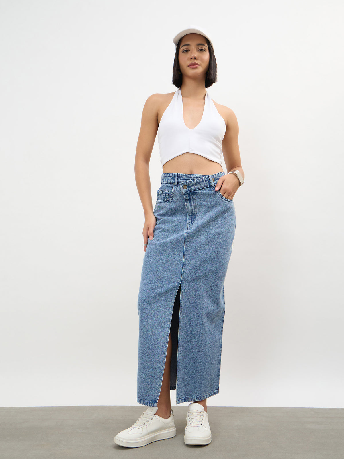 Blue Blast Asymmetrical Waist Front Slit Maxi Skirt-SASSAFRAS