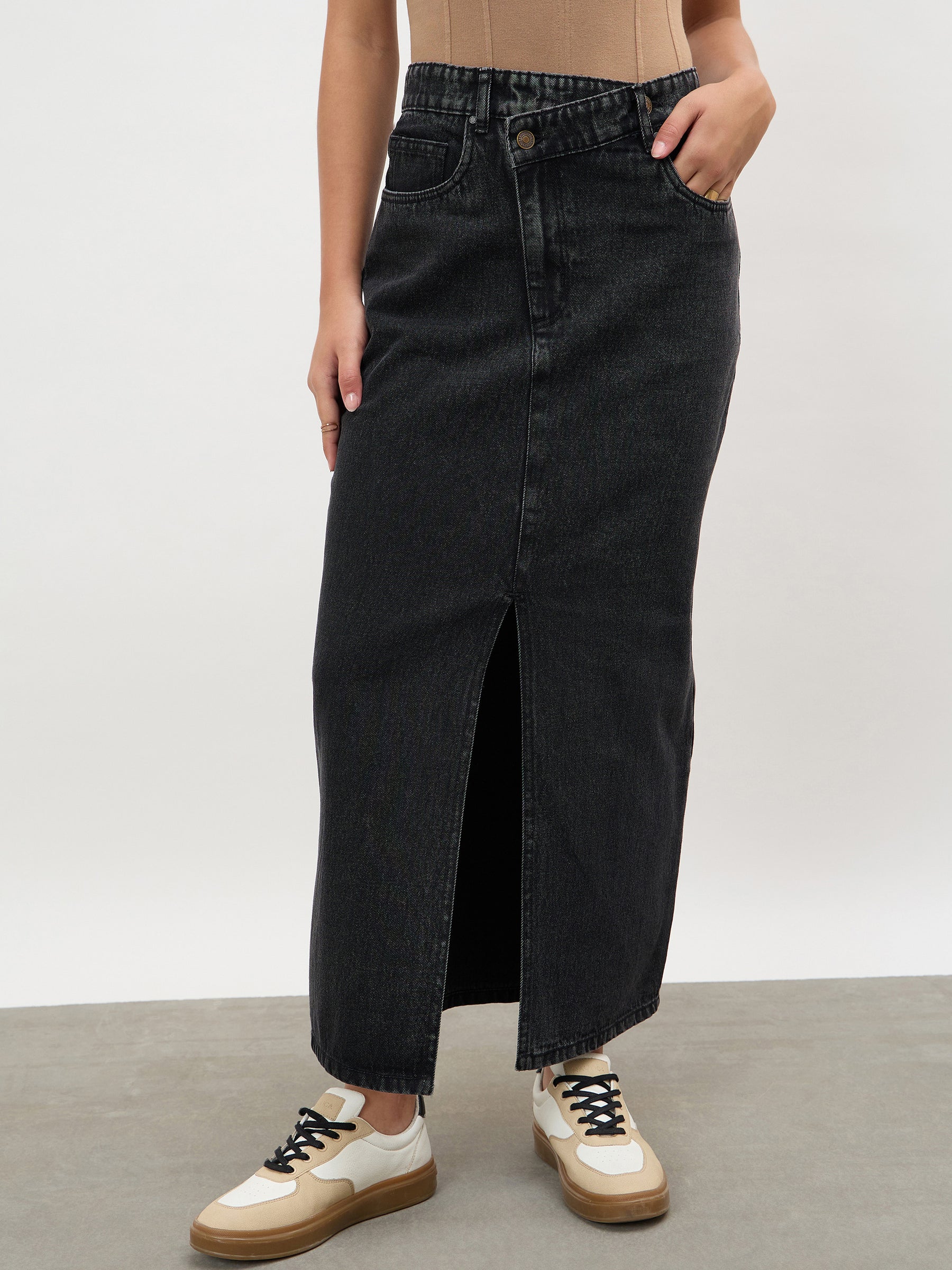Black Wash Asymmetrical Waist Front Slit Maxi Skirt-SASSAFRAS