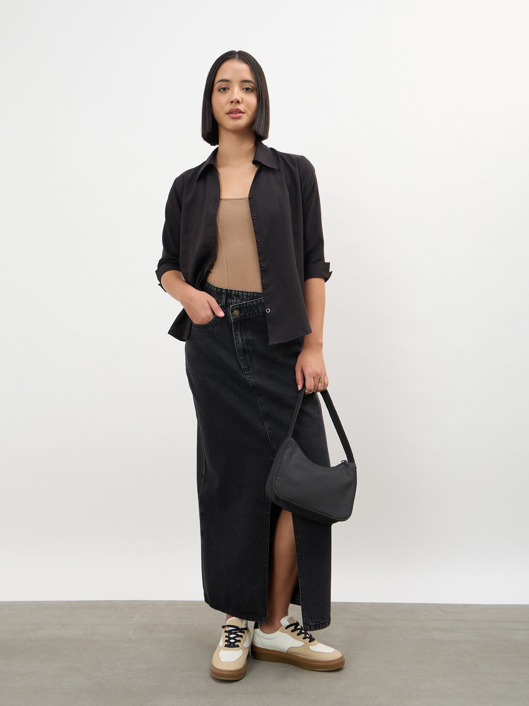 Black Wash Asymmetrical Waist Front Slit Maxi Skirt-SASSAFRAS