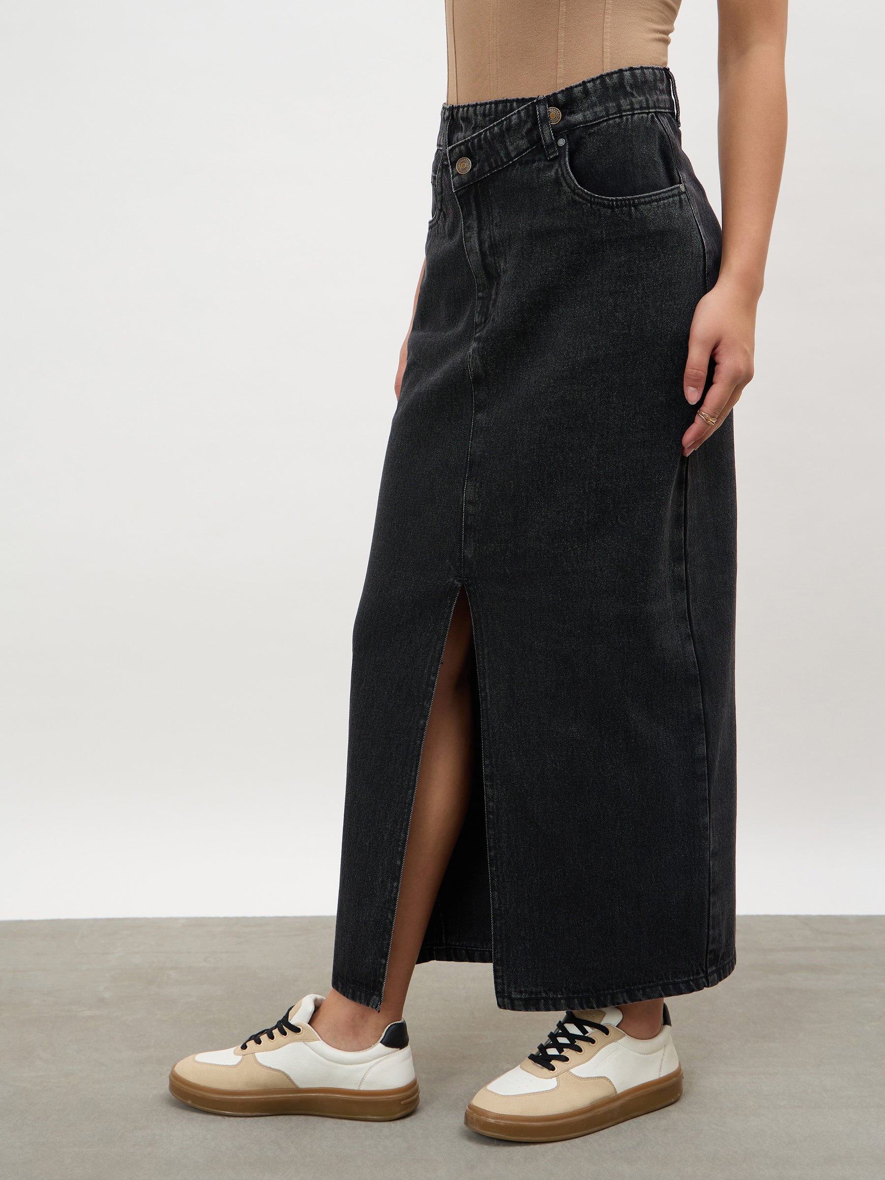 Black Wash Asymmetrical Waist Front Slit Maxi Skirt-SASSAFRAS