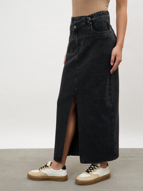 Black Wash Asymmetrical Waist Front Slit Maxi Skirt-SASSAFRAS