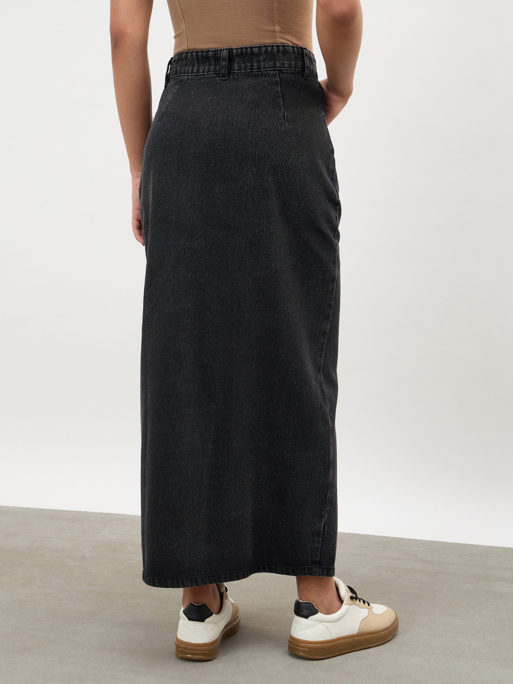 Black Wash Asymmetrical Waist Front Slit Maxi Skirt-SASSAFRAS