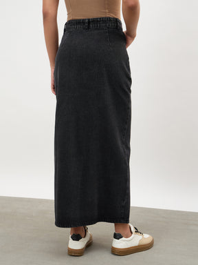 Black Wash Asymmetrical Waist Front Slit Maxi Skirt-SASSAFRAS