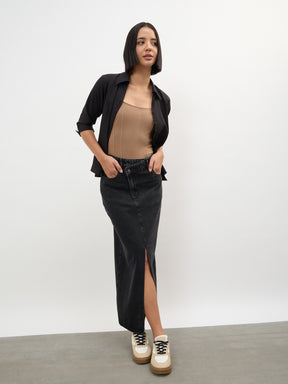 Women Black Wash Asymmetrical Waist Front Slit Maxi Skirt
