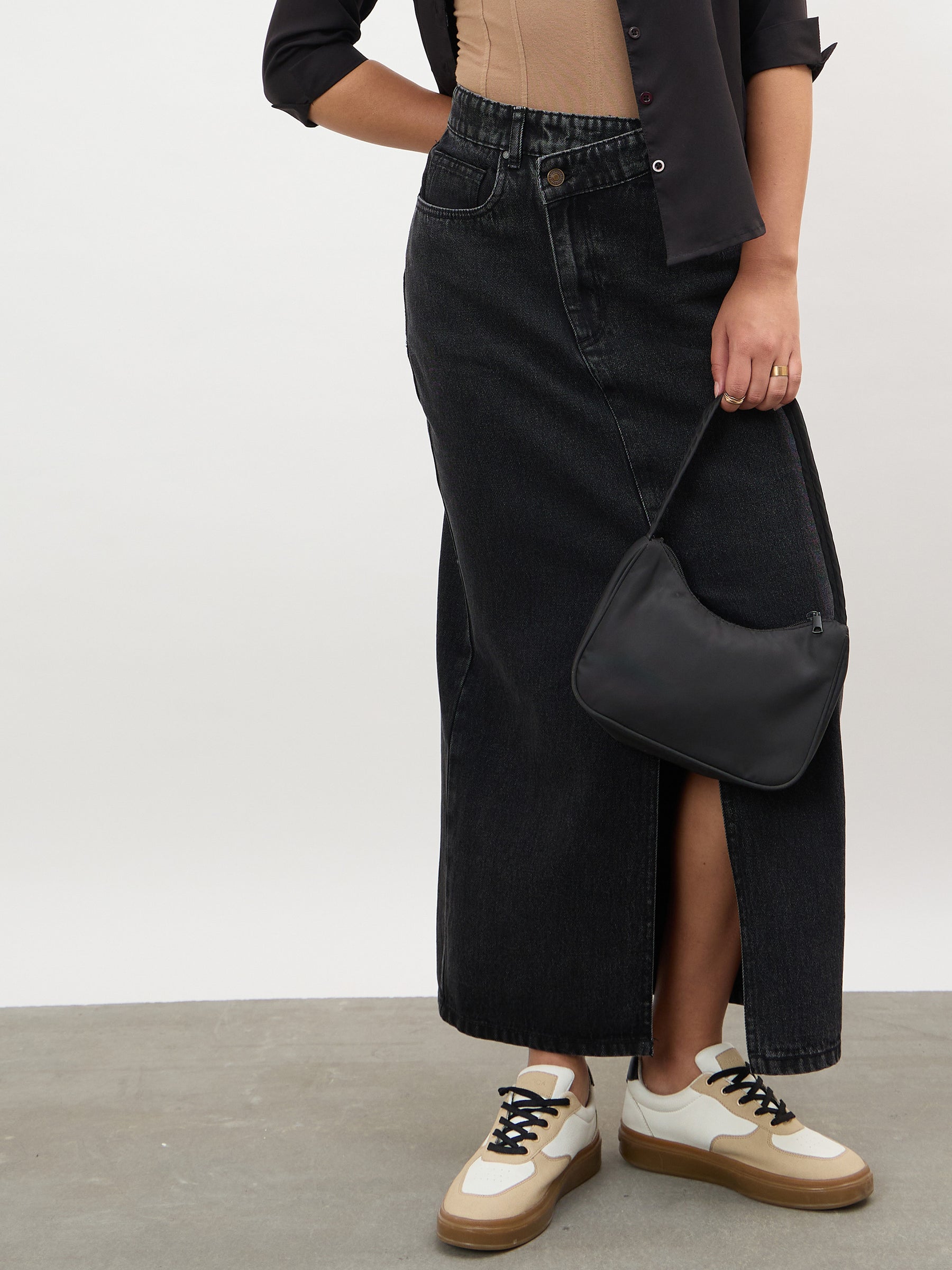 Women Black Wash Asymmetrical Waist Front Slit Maxi Skirt