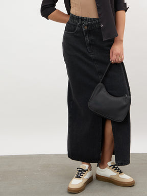 Women Black Wash Asymmetrical Waist Front Slit Maxi Skirt