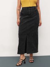 Black Wash Denim Front Slit Midi Skirt -SASSAFRAS Curve