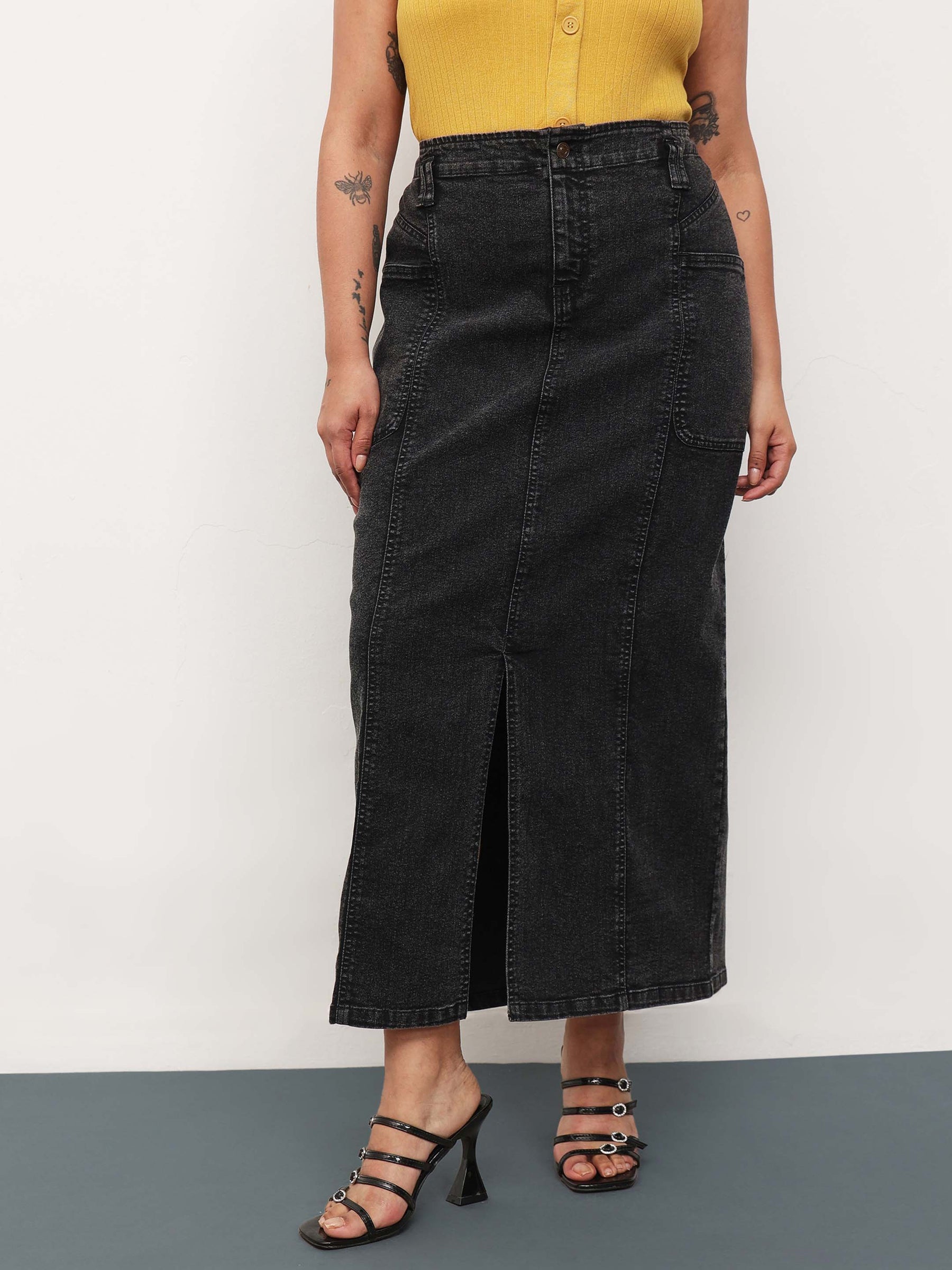 Black Wash Denim Front Slit Midi Skirt -SASSAFRAS Curve