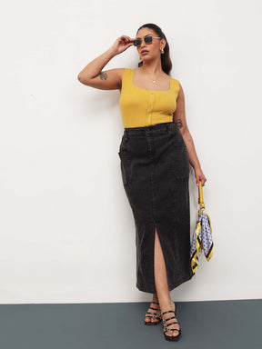 Black Wash Denim Front Slit Midi Skirt -SASSAFRAS Curve