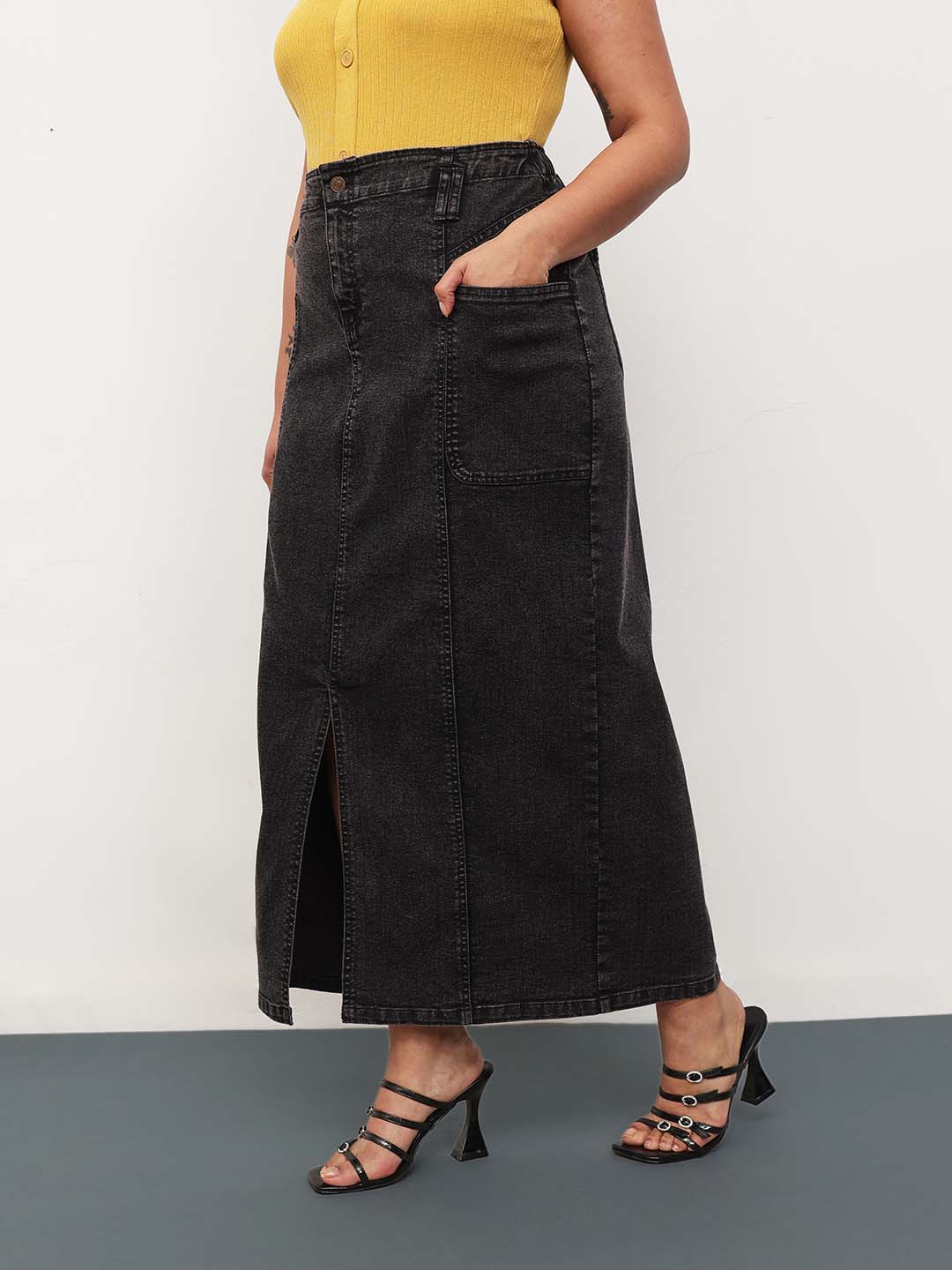 Black Wash Denim Front Slit Midi Skirt -SASSAFRAS Curve