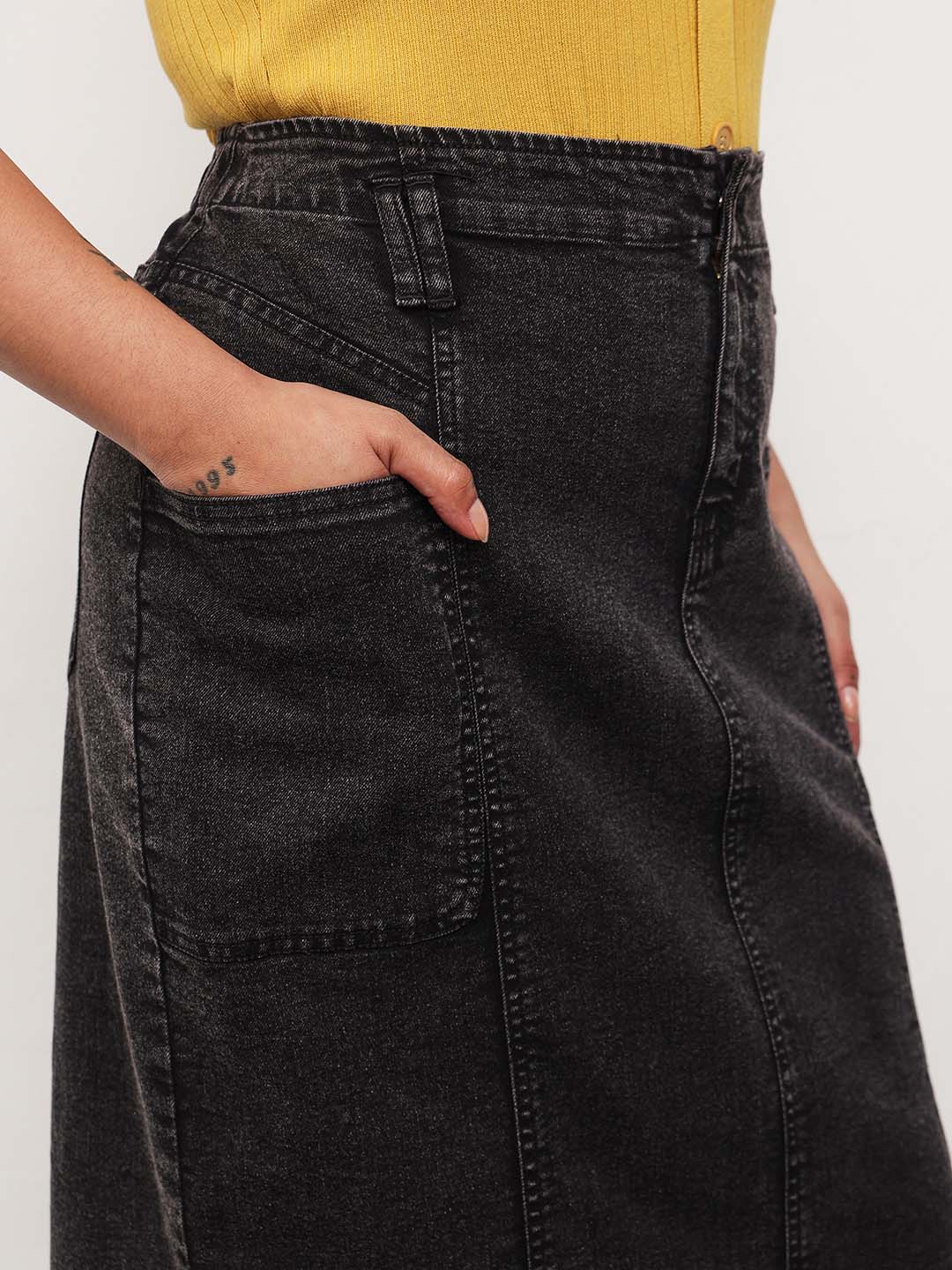 Black Wash Denim Front Slit Midi Skirt -SASSAFRAS Curve