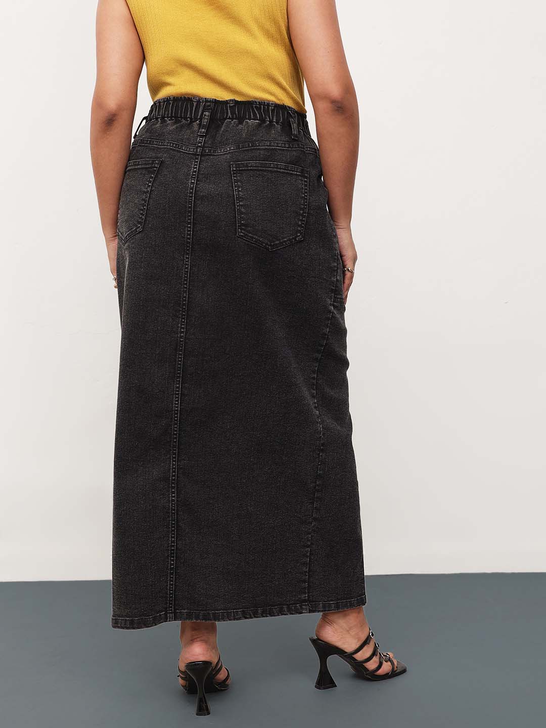 Black Wash Denim Front Slit Midi Skirt -SASSAFRAS Curve
