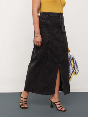 Women Black Wash Denim Front Slit Midi Skirt