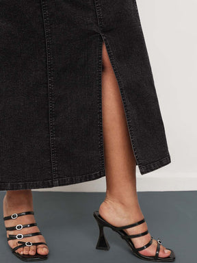 Women Black Wash Denim Front Slit Midi Skirt
