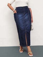 Navy Blast Denim Front Slit Midi Skirt -SASSAFRAS Curve
