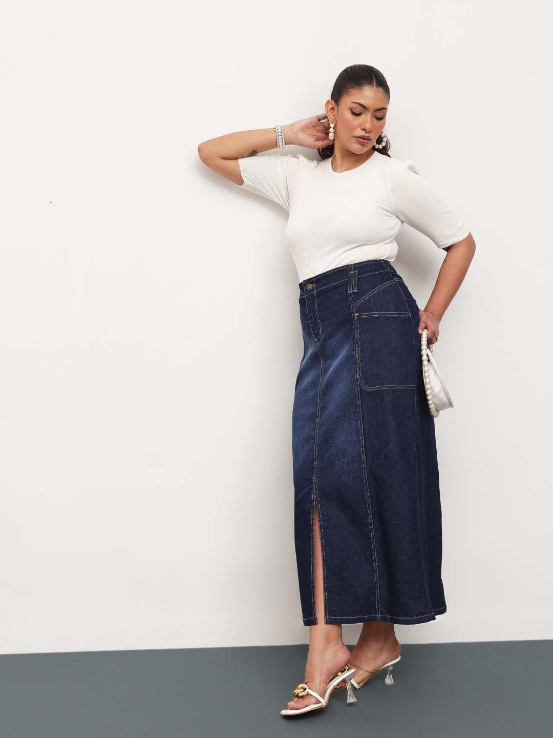 Navy Blast Denim Front Slit Midi Skirt -SASSAFRAS Curve