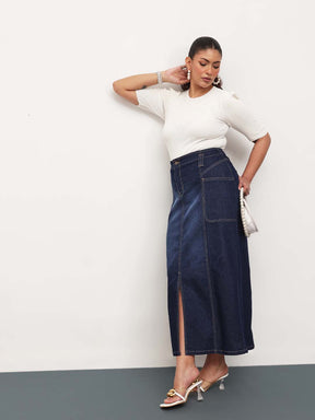 Navy Blast Denim Front Slit Midi Skirt -SASSAFRAS Curve