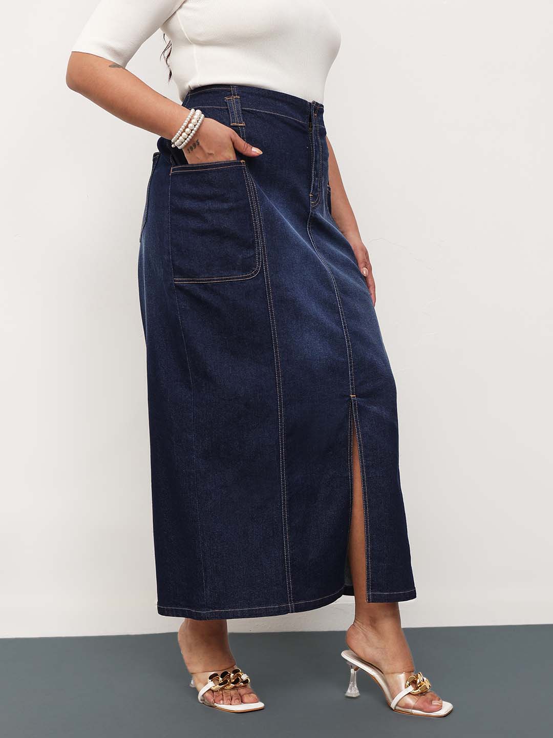 Navy Blast Denim Front Slit Midi Skirt -SASSAFRAS Curve
