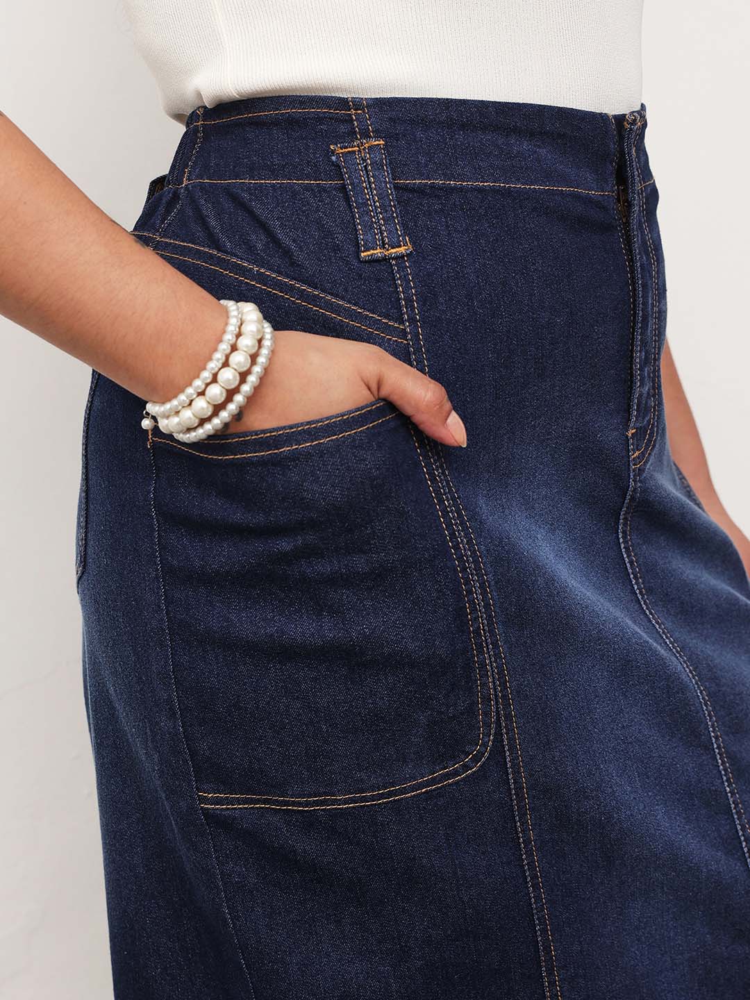 Navy Blast Denim Front Slit Midi Skirt -SASSAFRAS Curve
