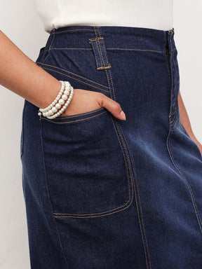 Navy Blast Denim Front Slit Midi Skirt -SASSAFRAS Curve