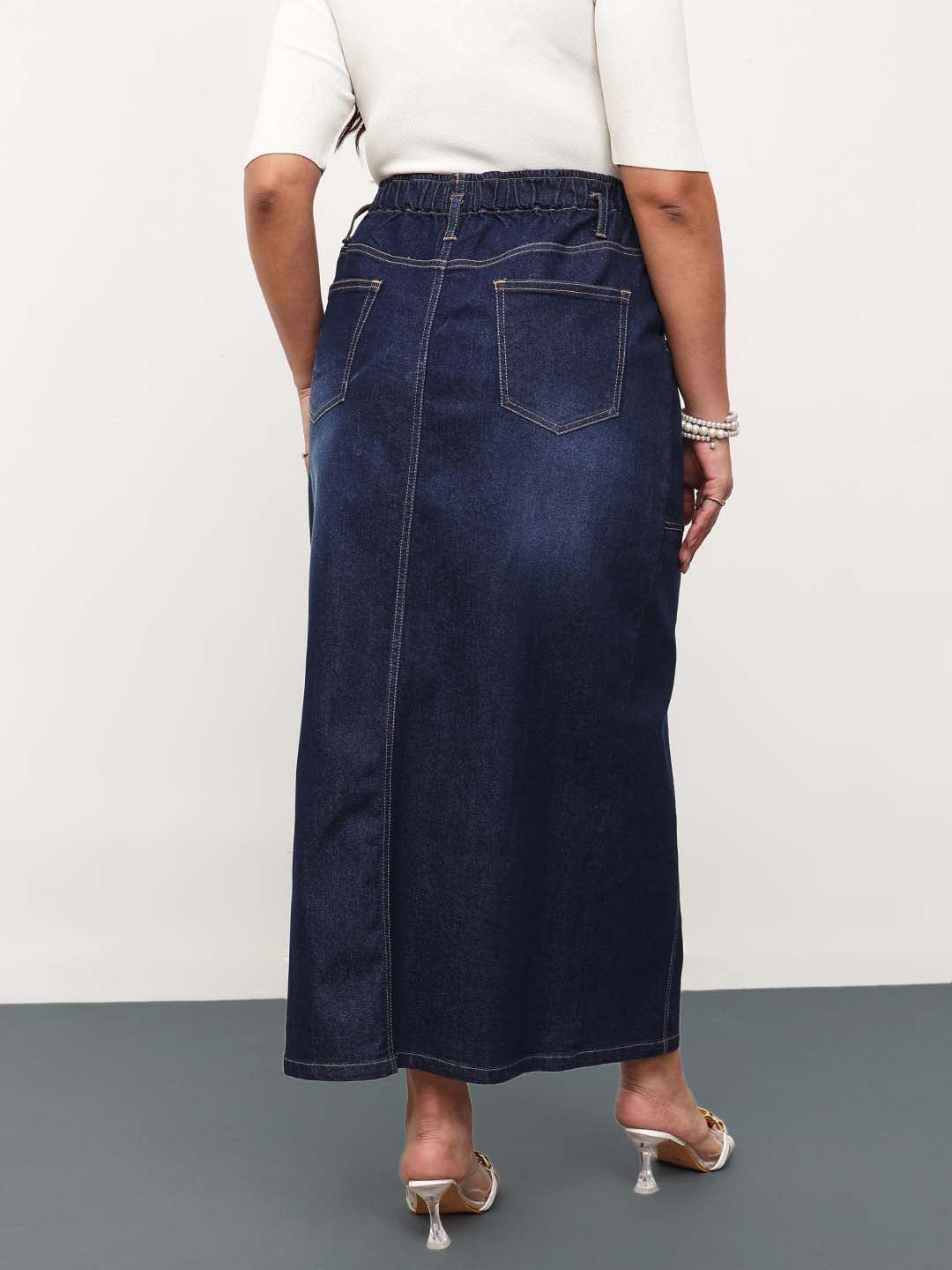 Navy Blast Denim Front Slit Midi Skirt -SASSAFRAS Curve