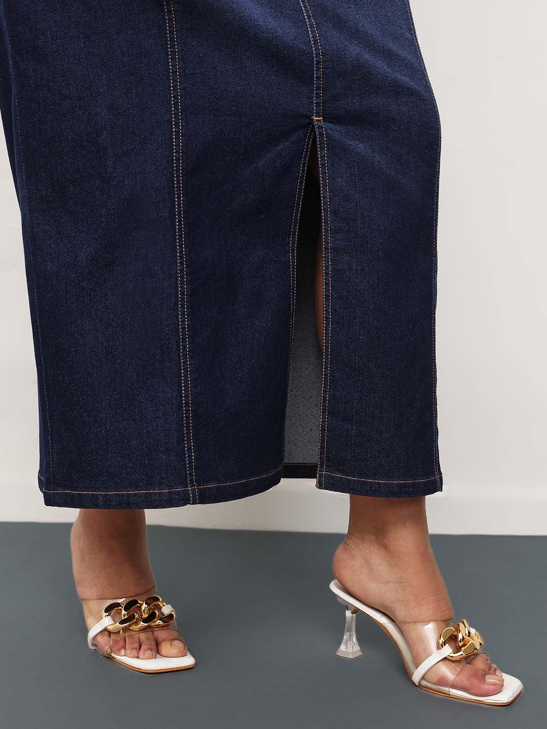 Women Navy Blast Denim Front Slit Midi Skirt